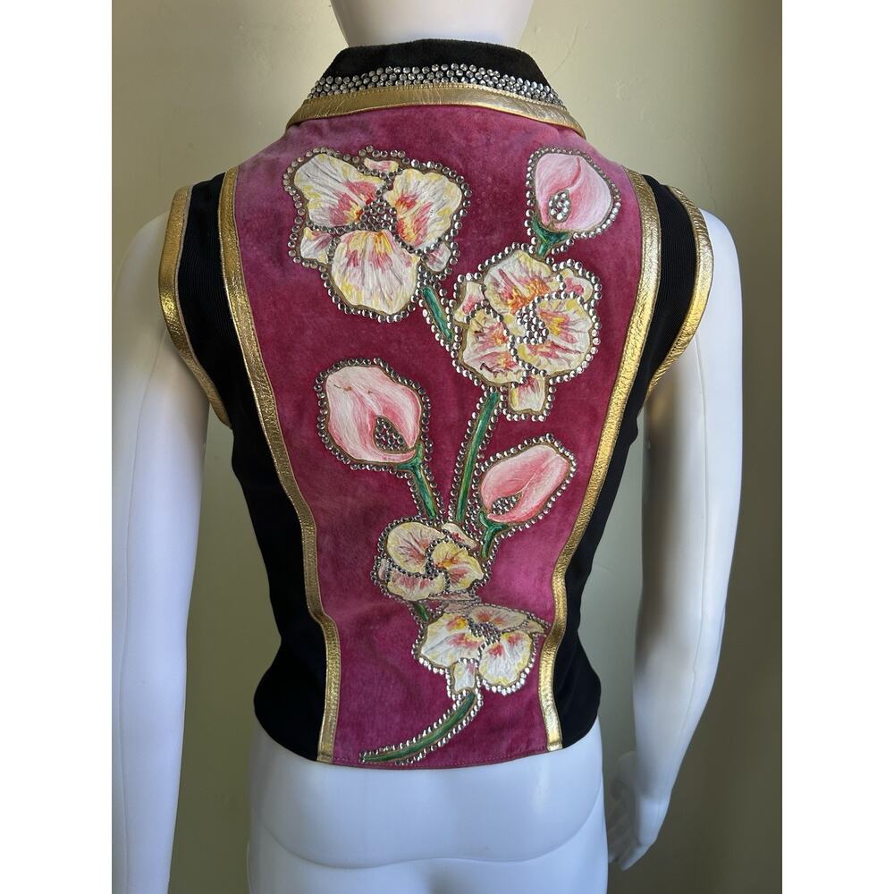 Diane Olsen Canada Lambskin Suede Art Vest Rhinestone Floral Painted Vest Set L - Picture 2 of 16